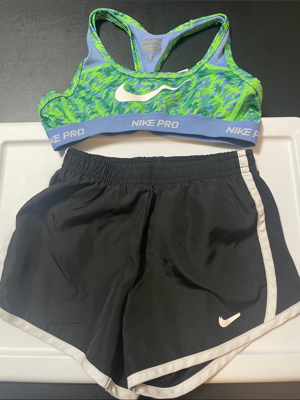 Nike Pro Green Camo Sports top  & Black Nike Shorts Sz S children’s used